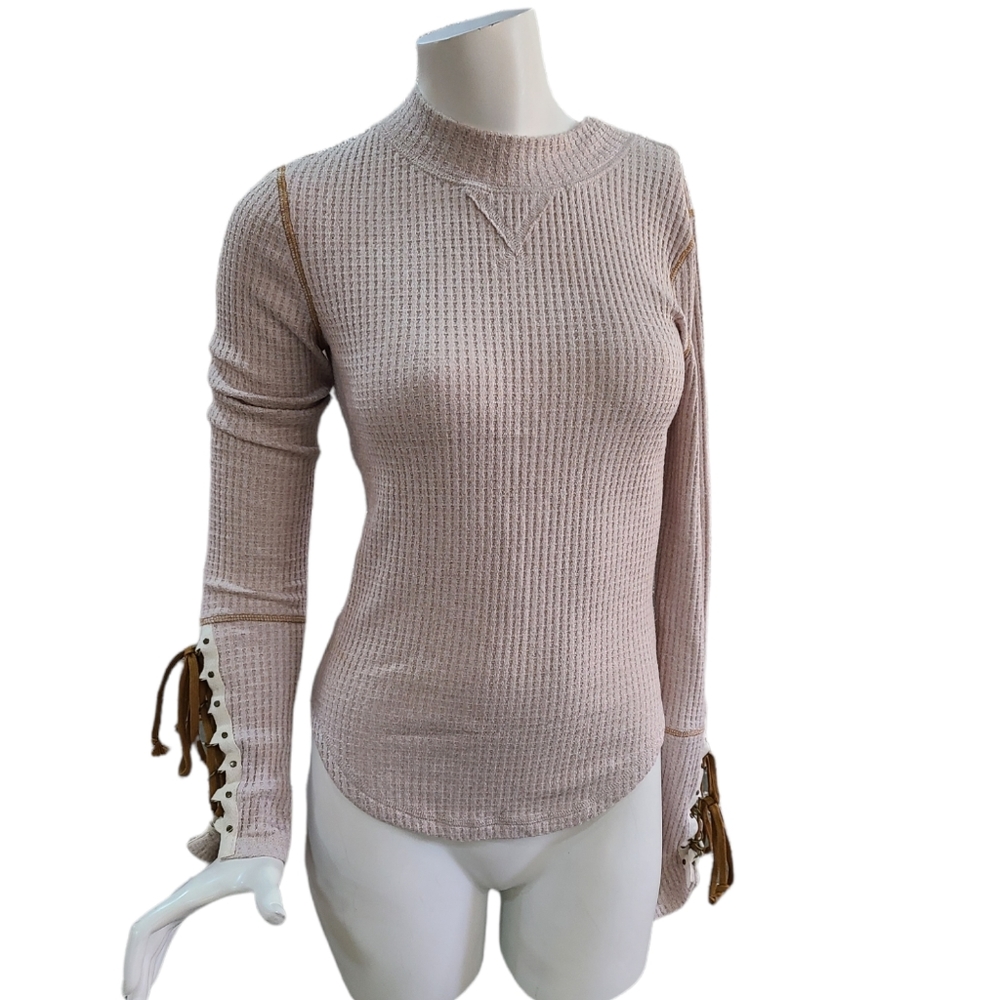 Free People Taupe Mountaineer Lace Up Long Sleeve Top Women's Size XS